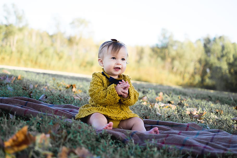 Baby Wearing Yellow Crochet Long Sleeve Dress Sitting on Brown Textile, HD wallpaper