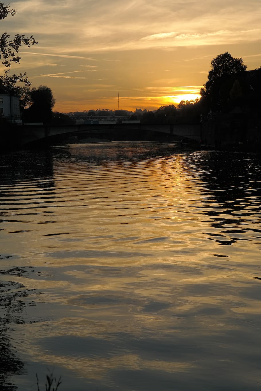 Sunset, Evening, Water, Danube, Ulm, river, stove bridge, reflection HD wallpaper