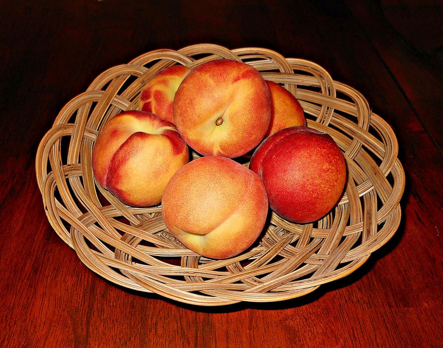 peaches, fruits, baskets, table, brown, wooden, furniture, arranged HD wallpaper