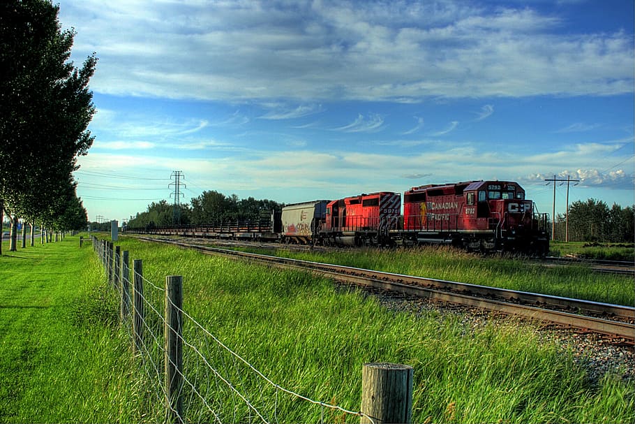 Alberta, Canada, Clouds, Landscape, sky, train, fence, grass HD wallpaper
