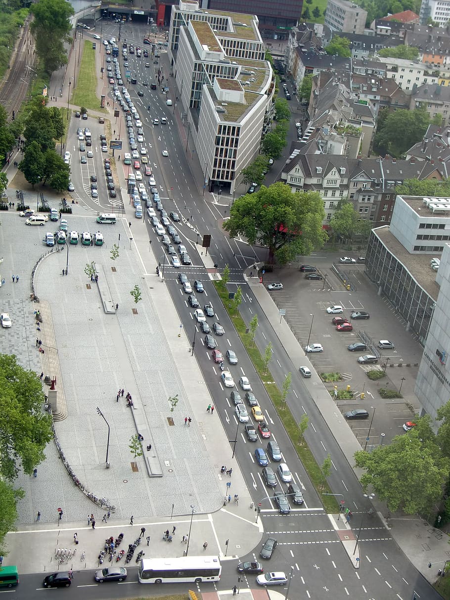 cologne, traffic, jam, autos, city, road, lanxess arena, aerial view HD wallpaper