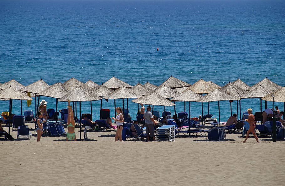 beach, sea, sun umbrellas, summer, holidays, sand, lounge chairs HD wallpaper