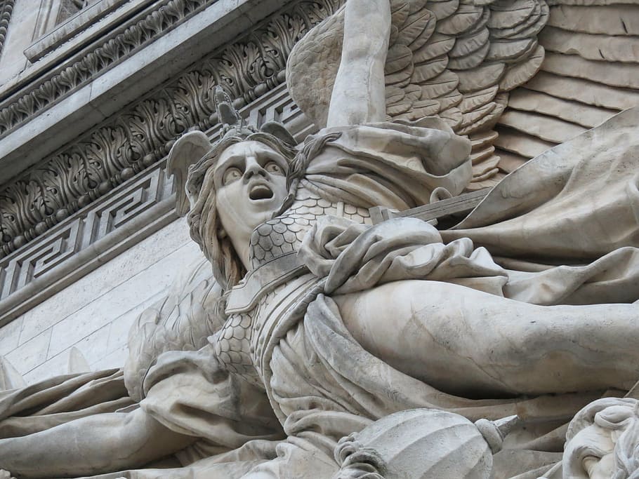 angel statue mounted on wall, arc de triomphe, arch, france, paris