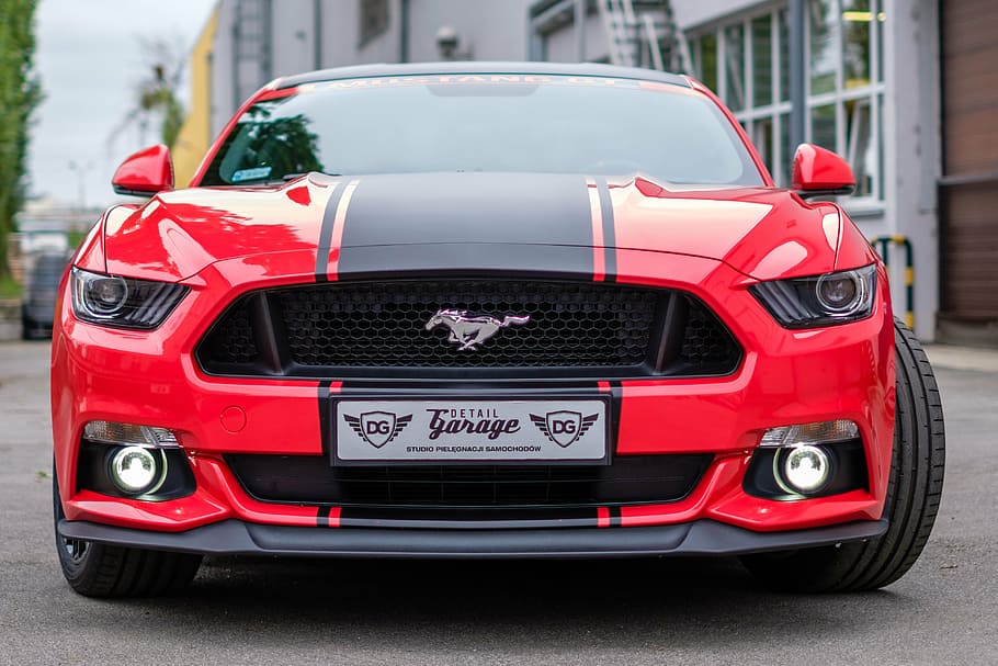 red and black Ford Mustang GT, usa, car, auto, transport, design