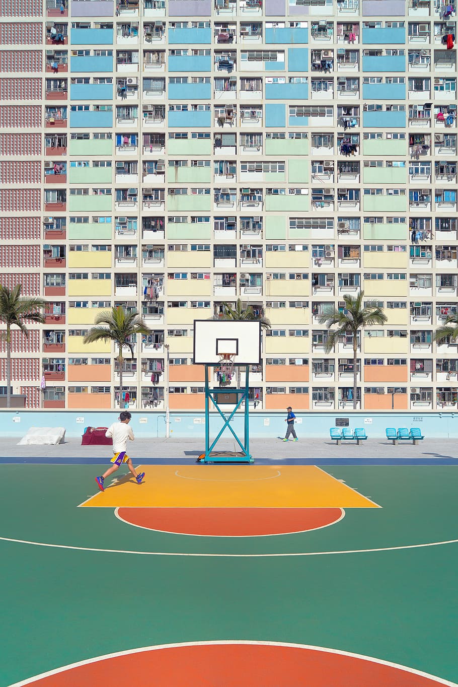 white and teal building near basketball court, sport, outdoors HD wallpaper