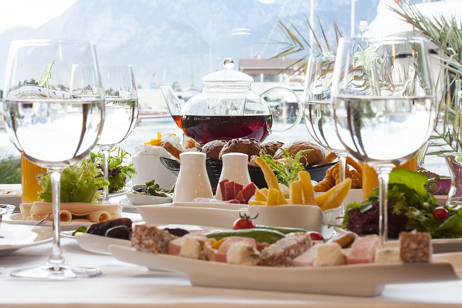 wine glasses near plates with variety of foods, Fruit, Diet HD wallpaper