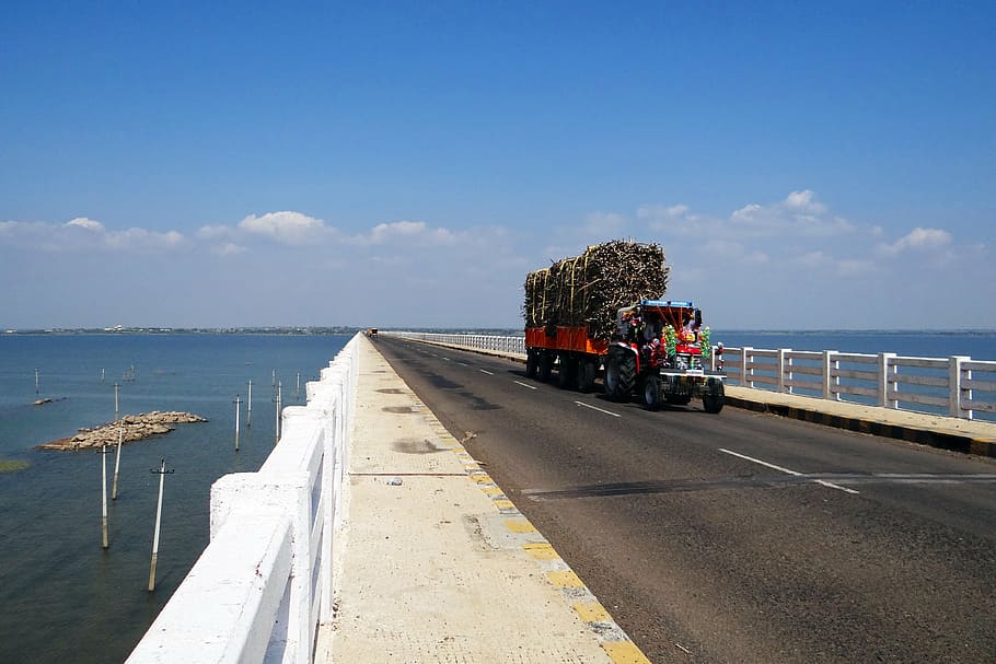 krishna river, bridge, tractor, trailer, sugarcane, transport HD wallpaper