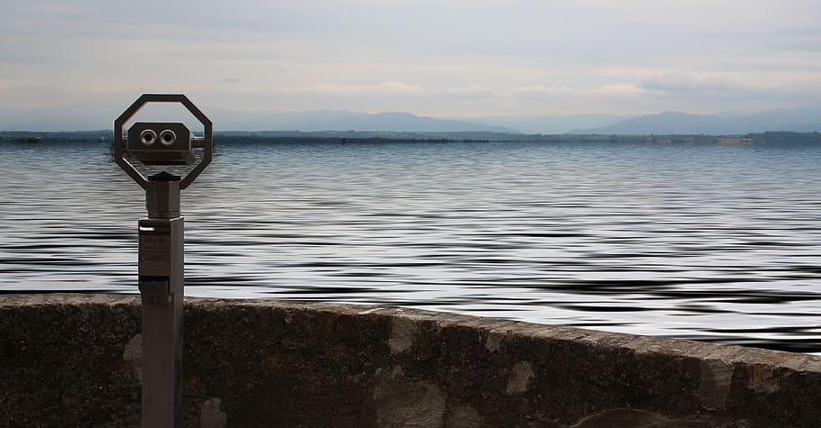 body of water under blue sky, wall, view, binoculars, telescope HD wallpaper