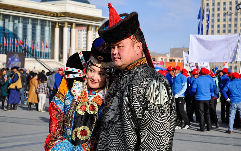 hat, white, blue, ladies, mongolia, costume, traditional, parade, HD wallpaper