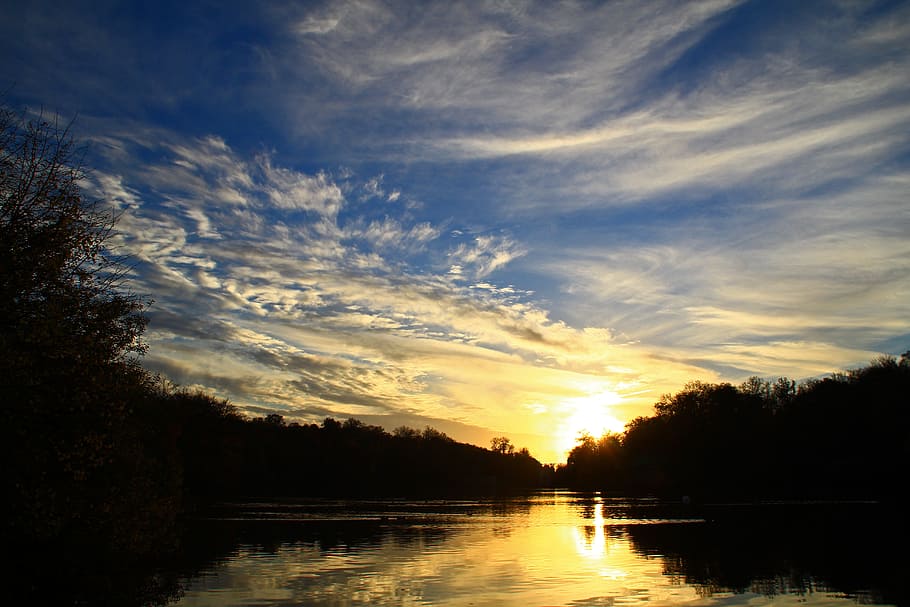 sunset, pond, nature, twilight, summer, landscape, garden, lake HD wallpaper