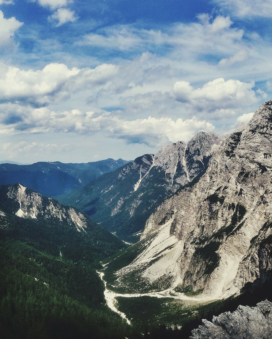 mountain, woods, cloudy, sky, scenic, landscape, view, valley HD wallpaper