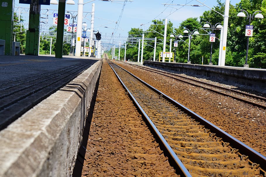 subway, train, blue, sky, green, tree, metro, station, railway HD wallpaper