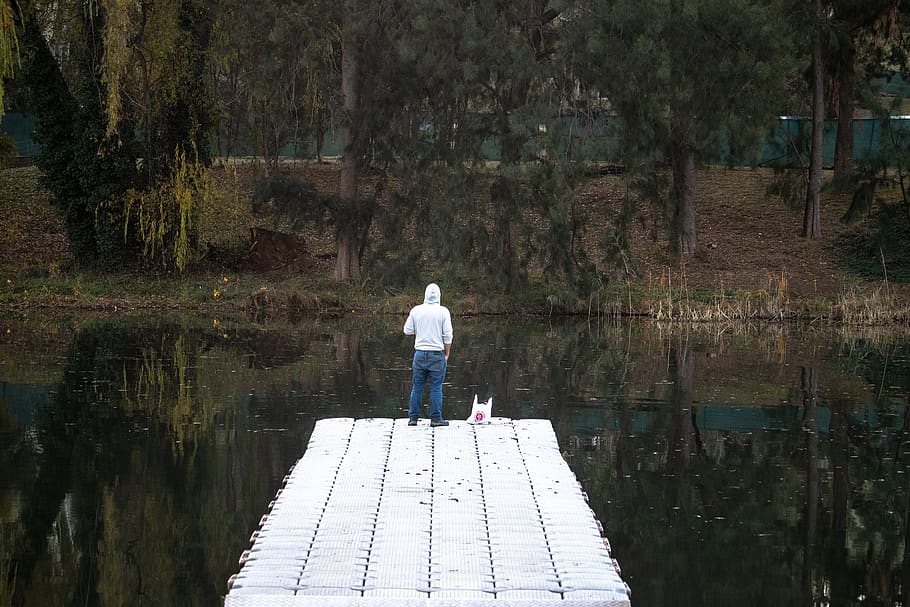 person, contemplation, back, reflection, outdoors, looking HD wallpaper