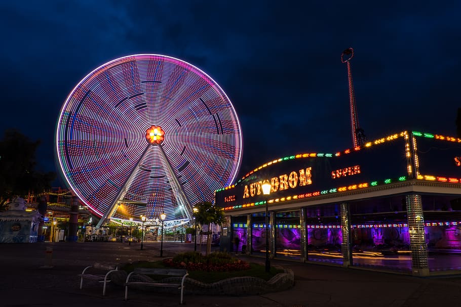 HD wallpaper: photo of white and purple lighted Ferris wheel during ...