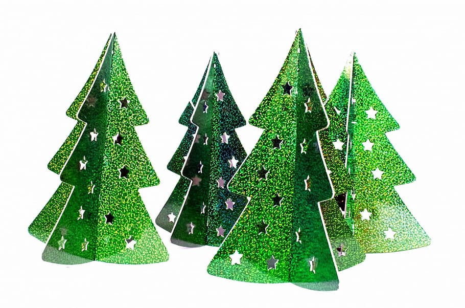 four green Christmas tree decors, xmas, trees, decoration, seasons HD wallpaper