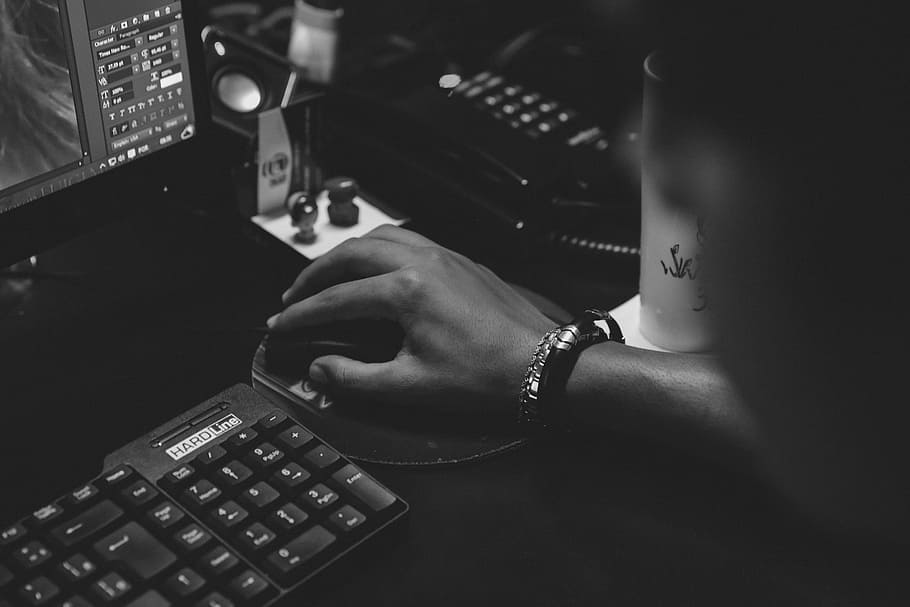 grayscale photography of person holding computer mouse, creative HD wallpaper