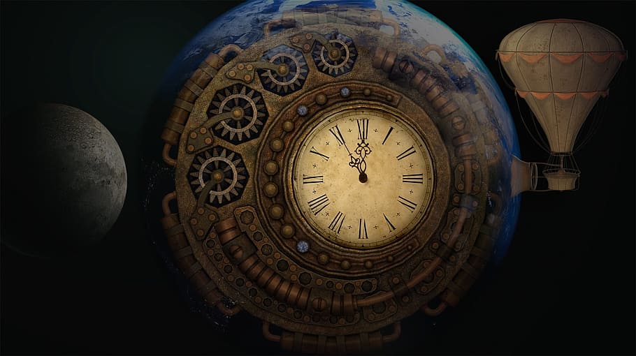 clock showing 11:55, escape, earth, balloon, time, moondial, time machine