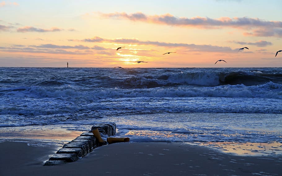 sunset, abendstimmung, romance, clouds, sea, sky, beach, evening sky HD wallpaper