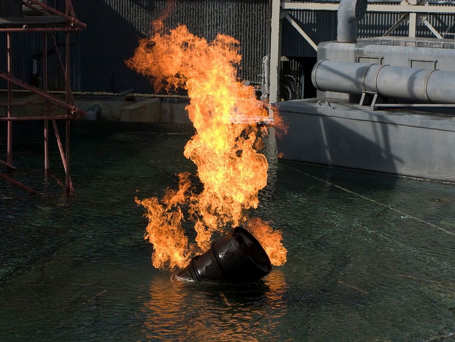 Fire, Flames, Burn, Burning, Explosion, barrel, water, building exterior HD wallpaper