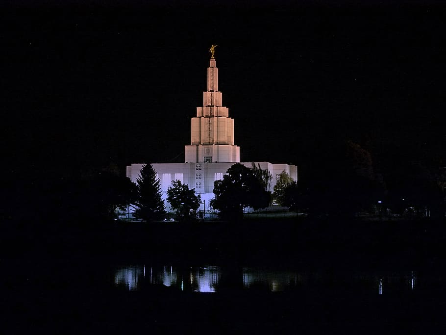 white high-rise building, mormon, temple, night, idaho falls HD wallpaper