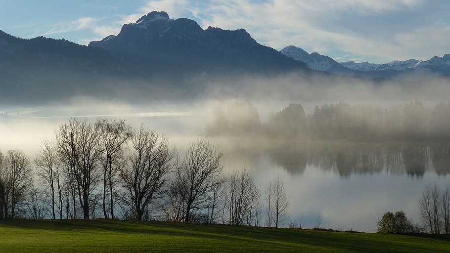body of water covered with fog near mountain range, allgäu, lake forggensee, HD wallpaper