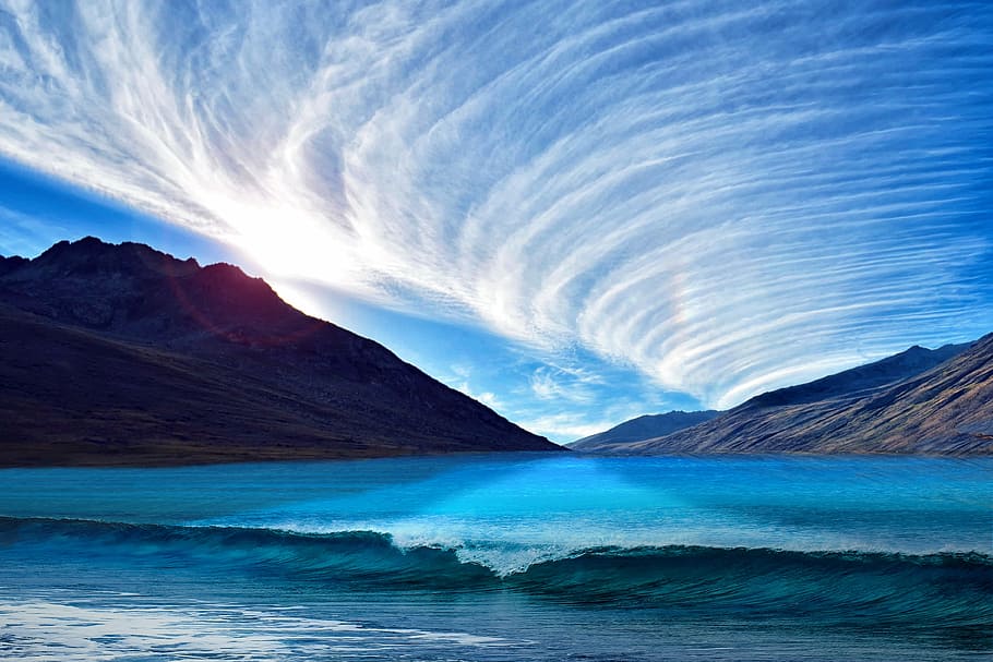 ocean wave, sea, cloud, tornado, strait, sunset, light, mirroring HD wallpaper