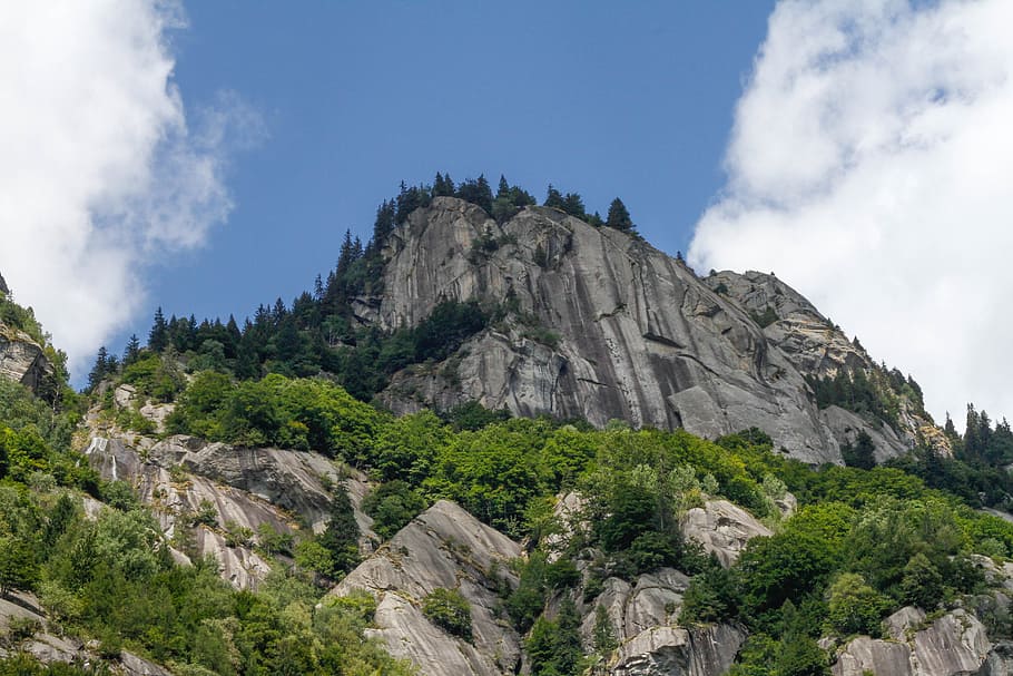 landscape, nature, clouds, rocks, cliff, conifers, environment HD wallpaper