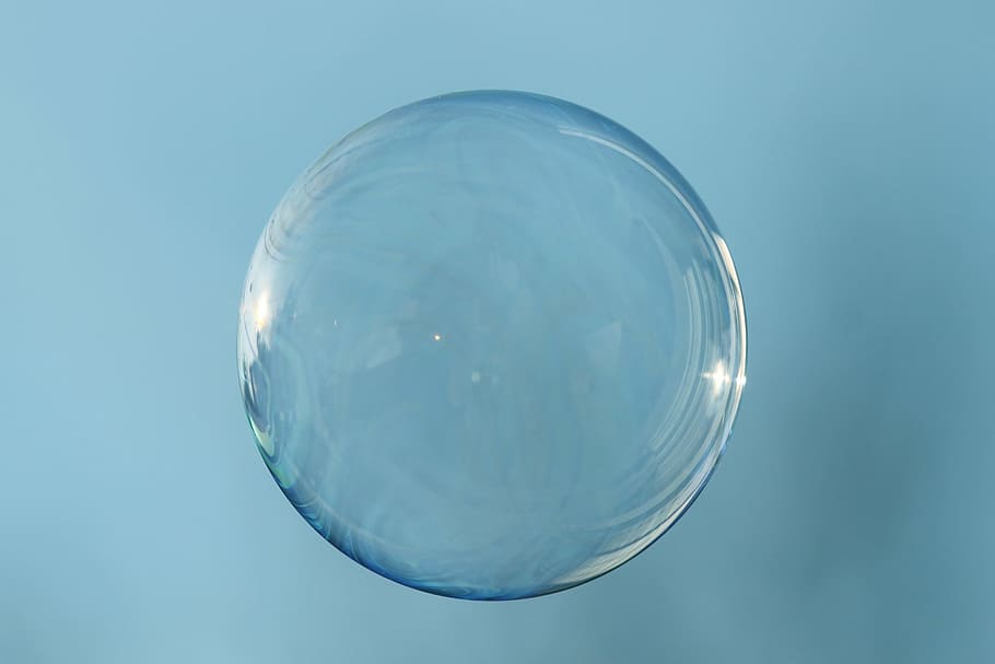 close view of bubble in mid air, clear, reflection, blue background HD wallpaper