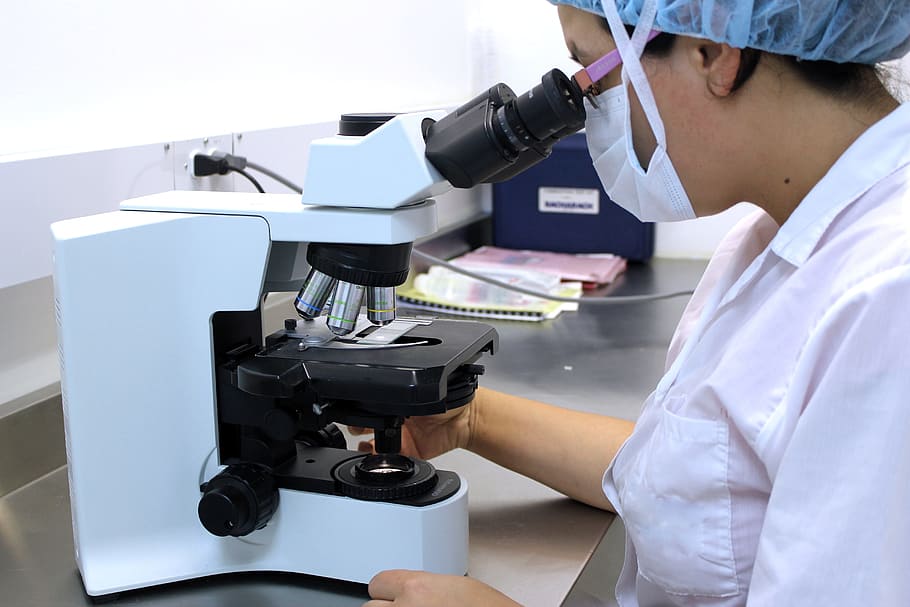 woman using microscope inside laboratory, Lab, Tests, Science