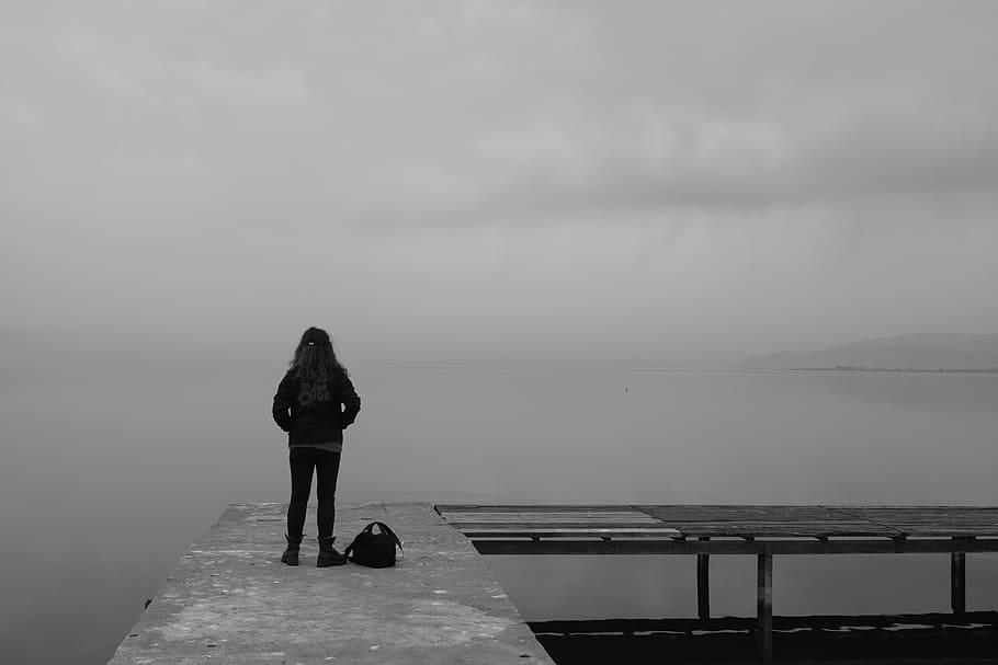 back, backpack, black, black-and-white, clouds, dock, female HD wallpaper