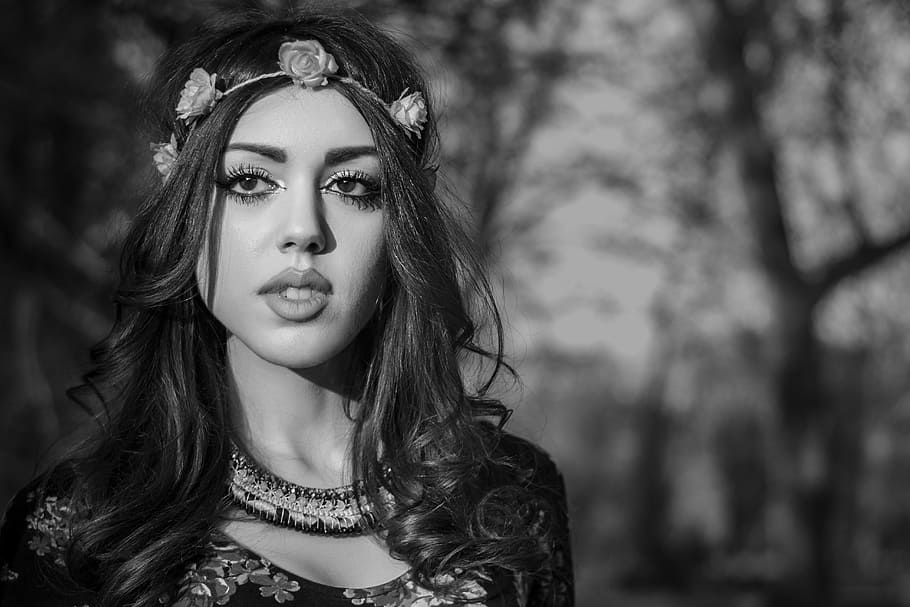 grayscale photography of a woman with floral head band, Model