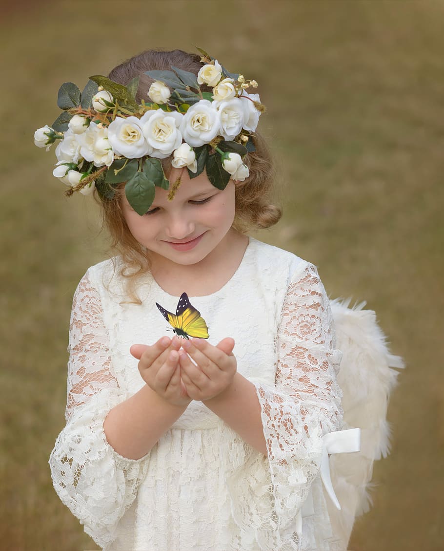 yellow and black butterfly perching on girl wearing angel costume hands, HD wallpaper