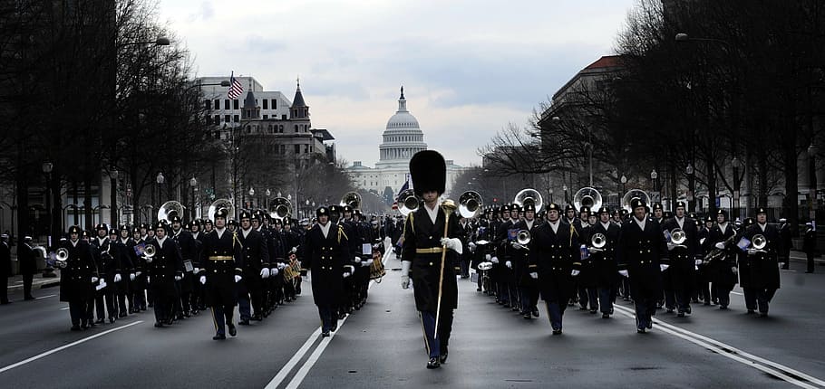 band marching in front of The Capitol Building, marching band