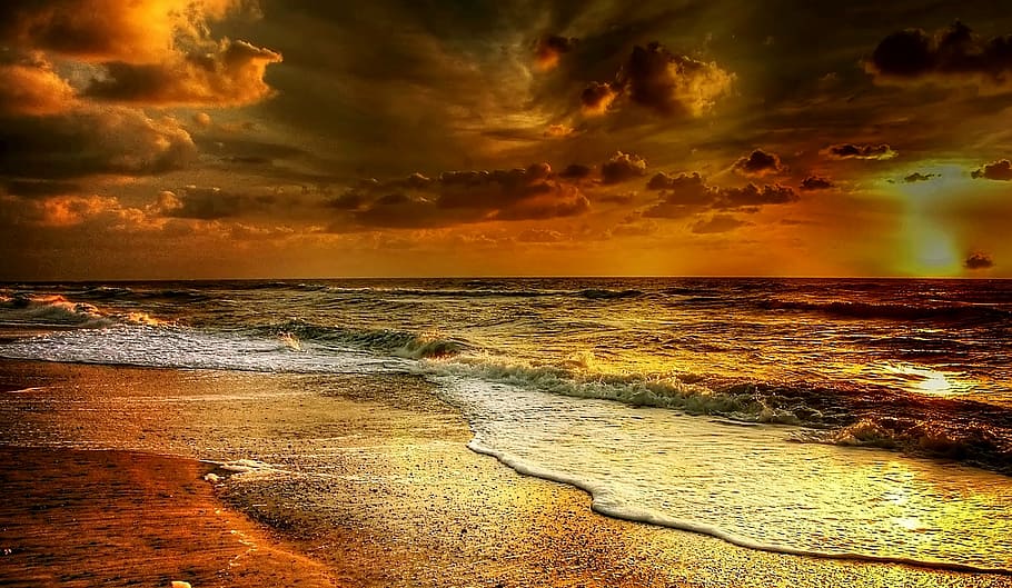body of water during golden hour, denmark, beach, sea, north sea, HD wallpaper