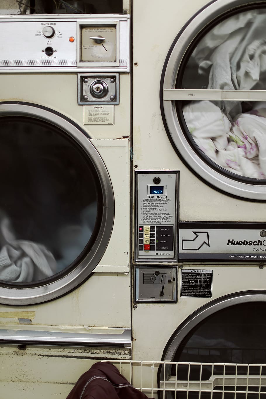 two white front-load washers filled with clothes, turned on white front-load clothes washer, HD wallpaper