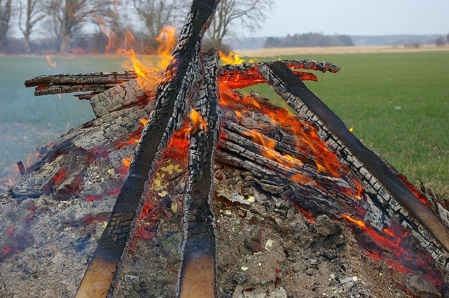 bonfire, valborg, spring, clear, smoke, nature, flame, burning HD wallpaper