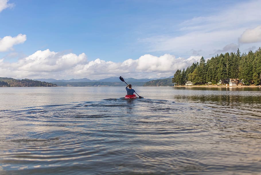sea, landscape, sky, person, action, boat, canoe, clouds, daylight HD wallpaper
