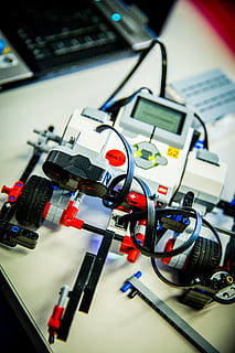 white and red DIY robot, robotics, lego, mindstorm, lego mindstorm HD wallpaper