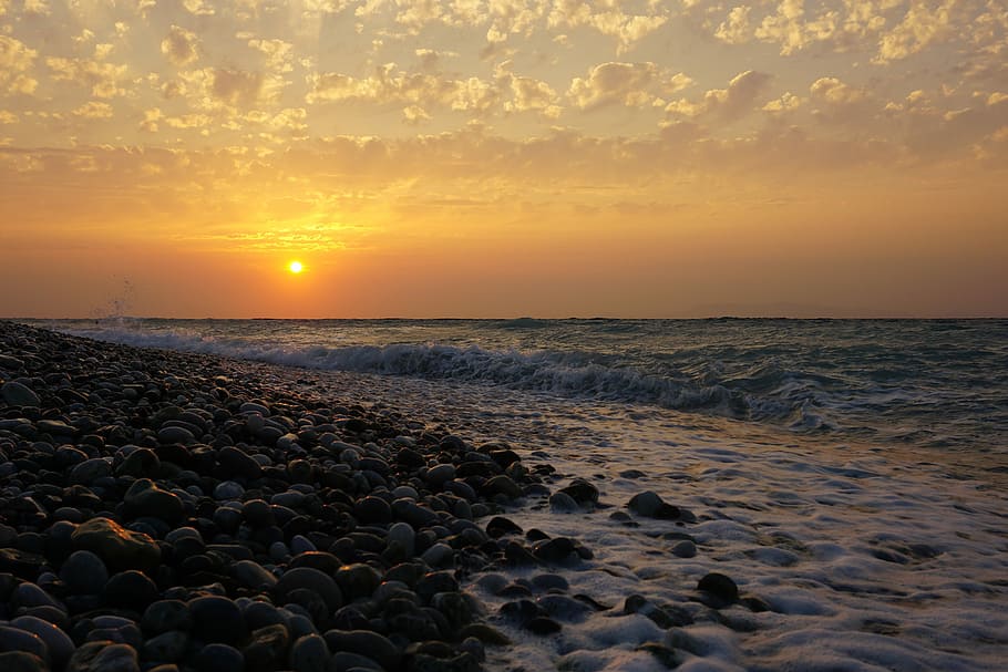 scenery of body of water, sunset, sea, twilight, beach, coast HD wallpaper