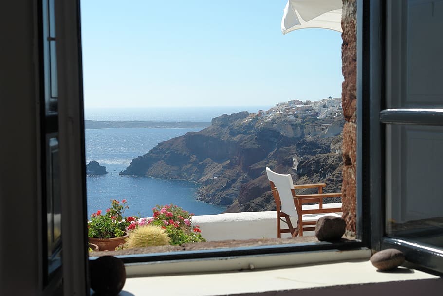 white framed window and brown framed armchair, santorini, view HD wallpaper