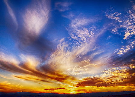 yellow and blue sky during golden hour, Sunset, Red, Blue, Blue, Sky HD wallpaper