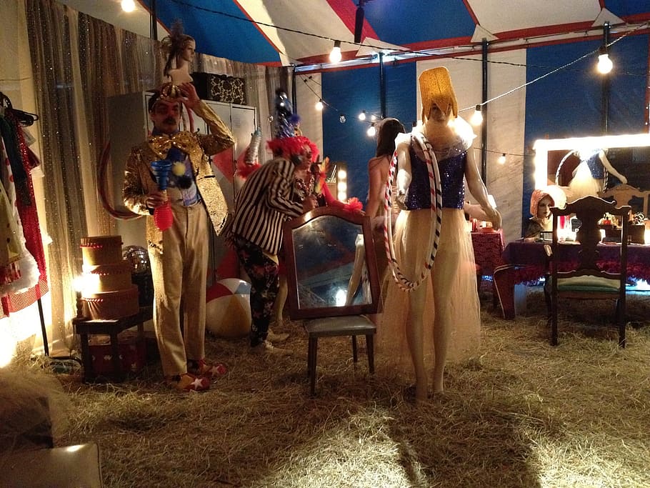four person standing on grass beside the mirror, Circus, Dressing-Room HD wallpaper