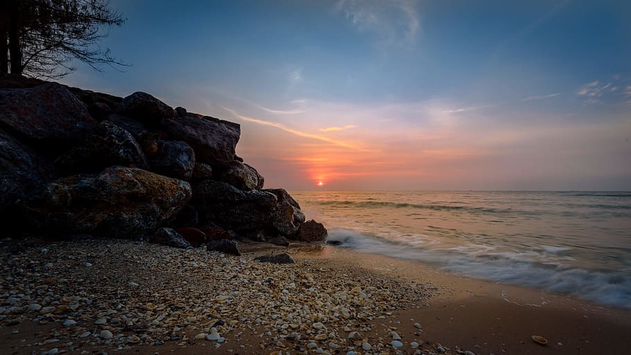 Seashore during Sunset Photography, beach, coast, dawn, dusk HD wallpaper