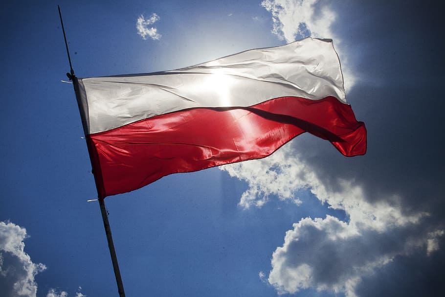 Poland flag on pole during daytime, sky, blue, patriotism, wind HD wallpaper