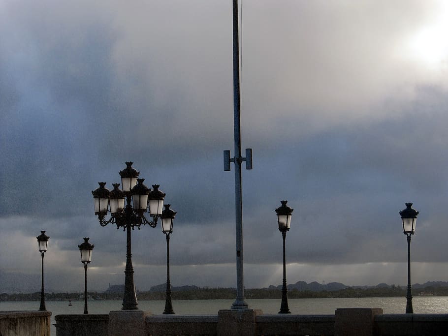 blue, lamppost, mist, clouds, sky, street light, cloud - sky HD wallpaper