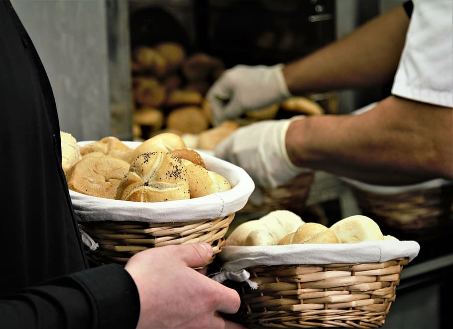 man holding basket with bread inside bakeshop, pastry, hand HD wallpaper