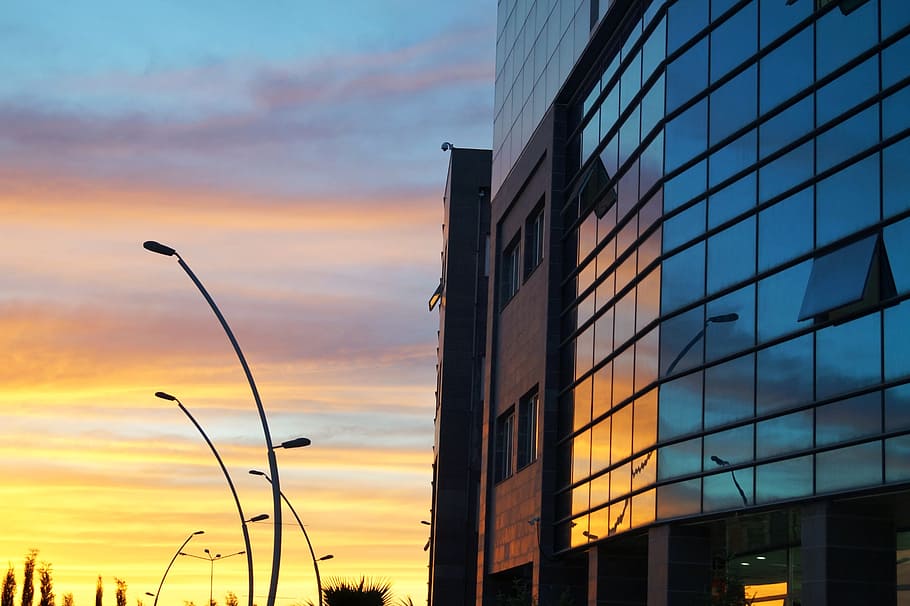 building, glass, sunset, sky, architecture, building exterior HD wallpaper