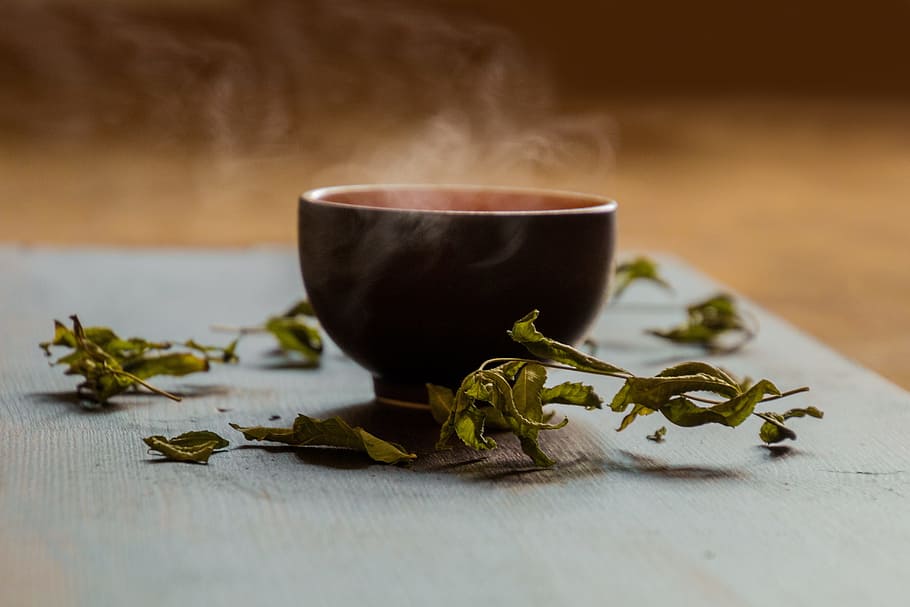 black ceramic bowl surrounded by herbns, tee, teacup, green tea, HD wallpaper