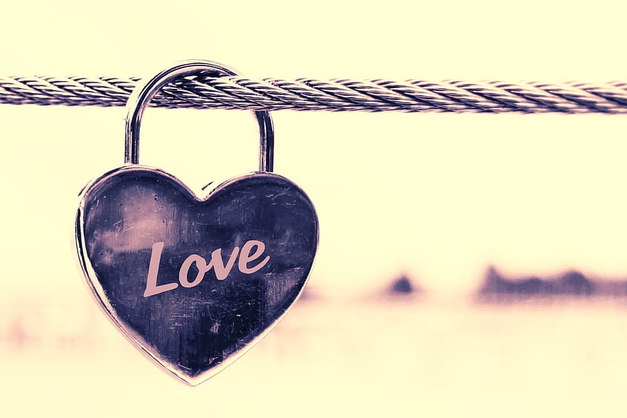 heart padlock hook on cable with love print, relationship, symbol, HD wallpaper