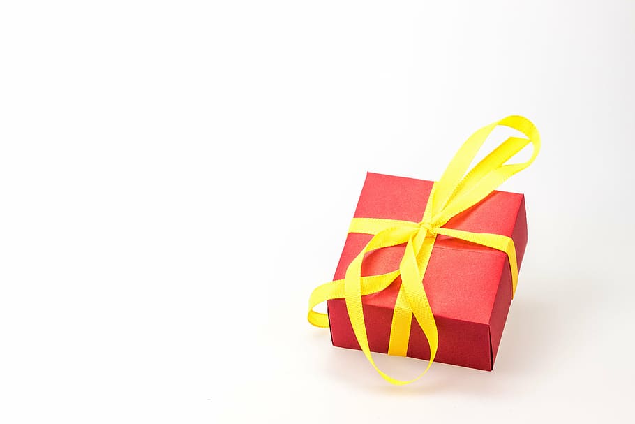 red and yellow present box on white surfac, gift, made, surprise HD wallpaper